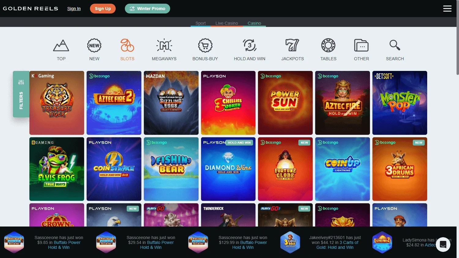 Golden Reels Casino desktop game browsing screen