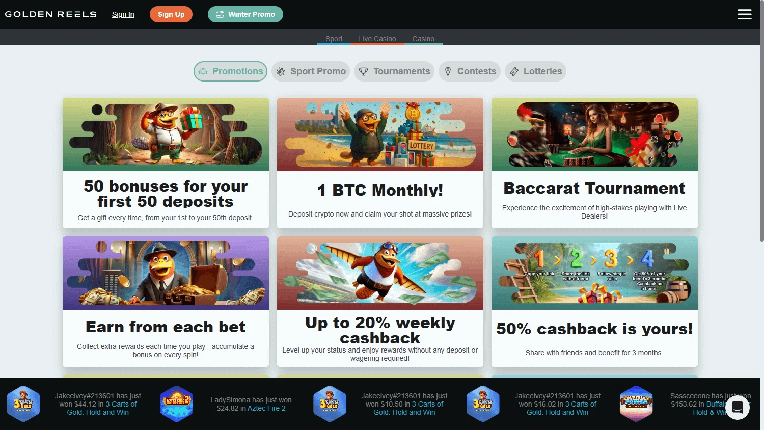 Golden Reels Casino desktop promotions screen