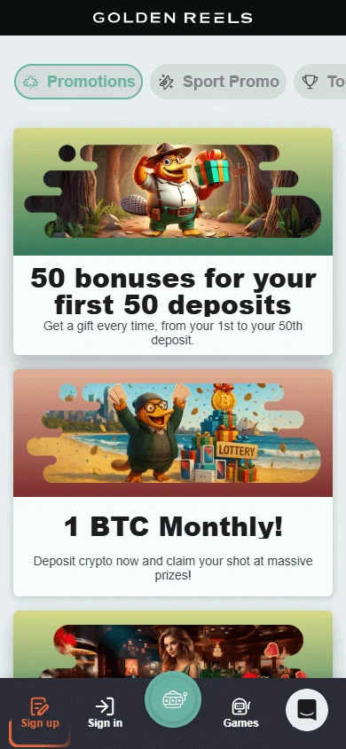 Golden Reels Casino mobile browser promotions screen