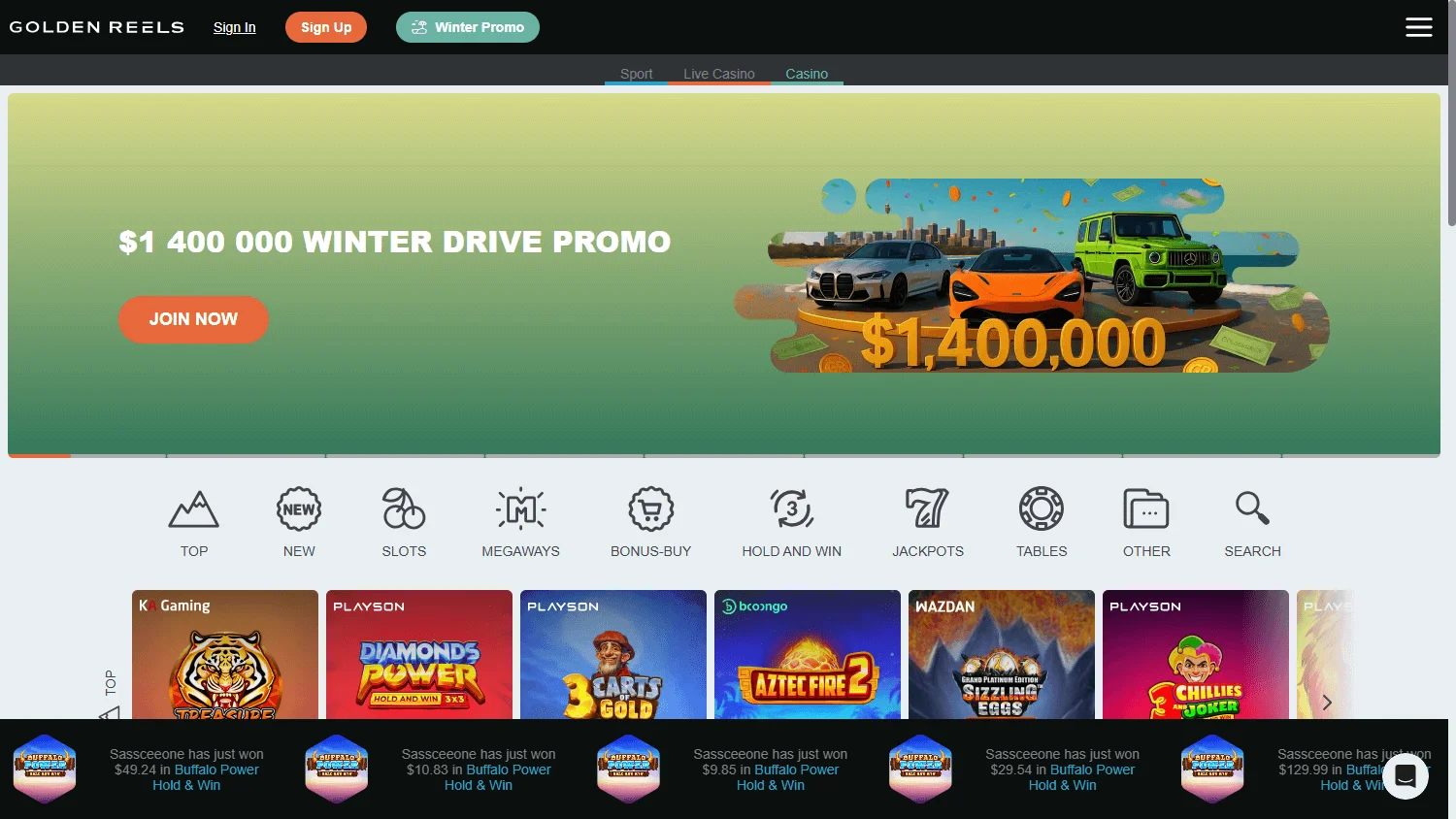Golden Reels Casino desktop home screen